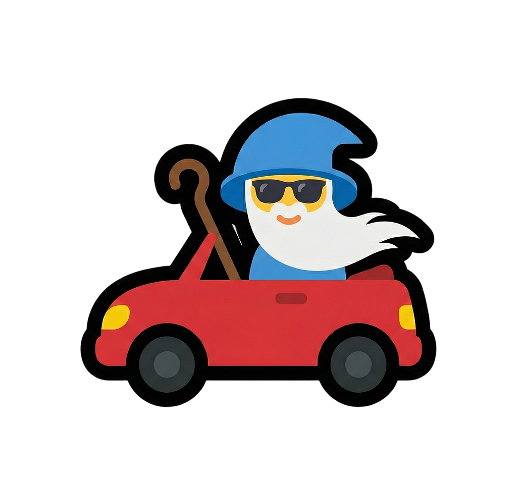 Wizard driving a red tailored convertible